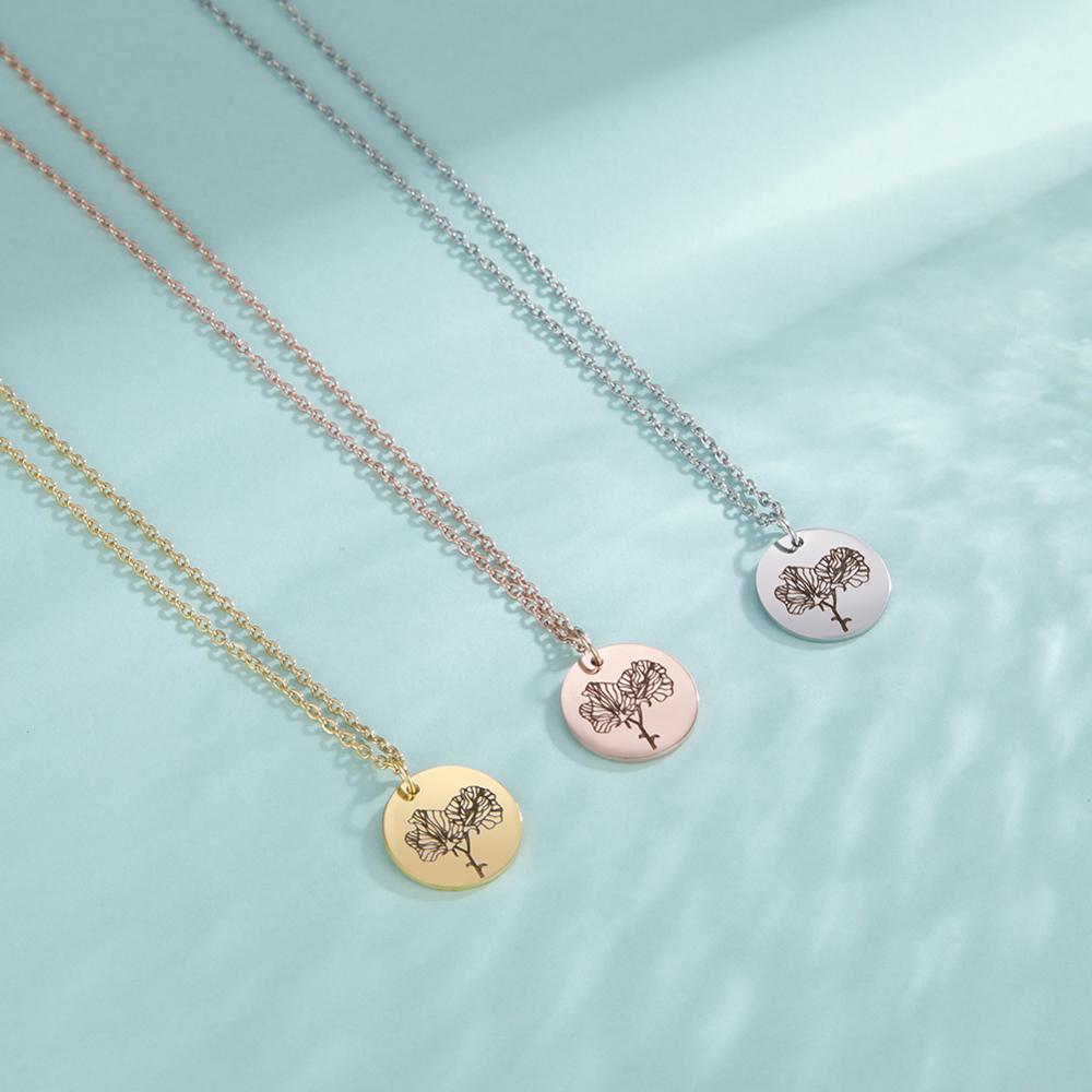 Teamer Stainless Steel Birth Month Flower Necklace Custom Name Round Pendant Necklace for Women Special Valentine Jewelry Gift