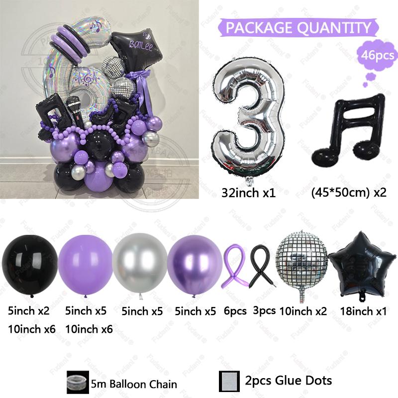 46Pcs Black Purple Music Note Theme Digital Balloon Girl Birthday Party Balloon Set Baby Shower Globos Photography Props