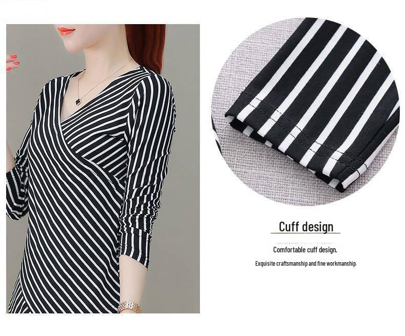 Women's Long-Sleeve V-Neck Slim Fit Striped T-Shirt - Black & White Korean Fashion for Spring/Autumn