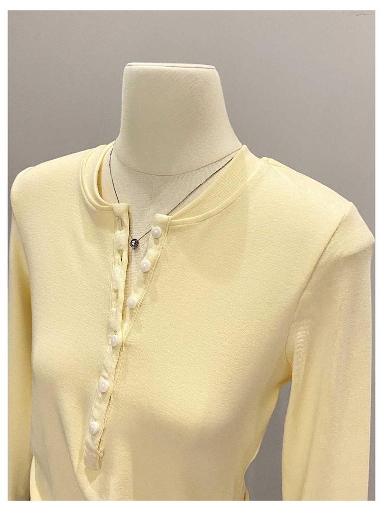 Women's Slim Fit Long Sleeve Henley Collar Mousse Cashmere Top for Spring/Autumn