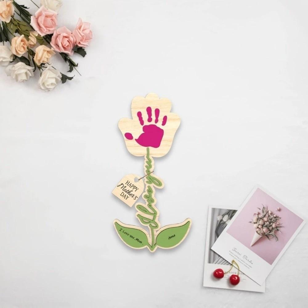 Hand Painted Mother's Day Plaque Ornament Mom Gifts Hand Print DIY Sign Decoration Wooden Flower Craft Family Bonding Activity