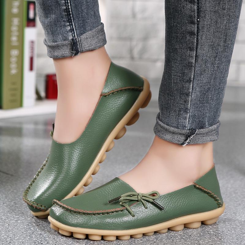 Woman Loafers Genuine Leather Female Shoes Slip On Ballet Bowtie Women's Shoe Size