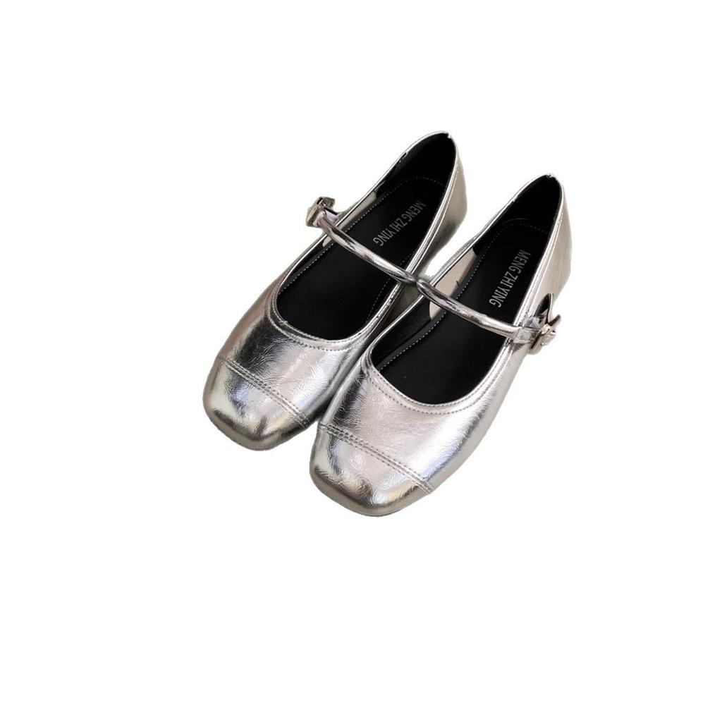 With Skirt Mary Jane Shoes Single Shoes Women's Spring and Summer New Flat Silver Small Leather Shoes