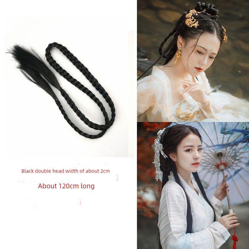 Ancient Costume Wig Double-Headed Twist Braid Republic of China Student Big Braid Chinese Bride Xiuhe Style Coiled Hair Wig Long Braid