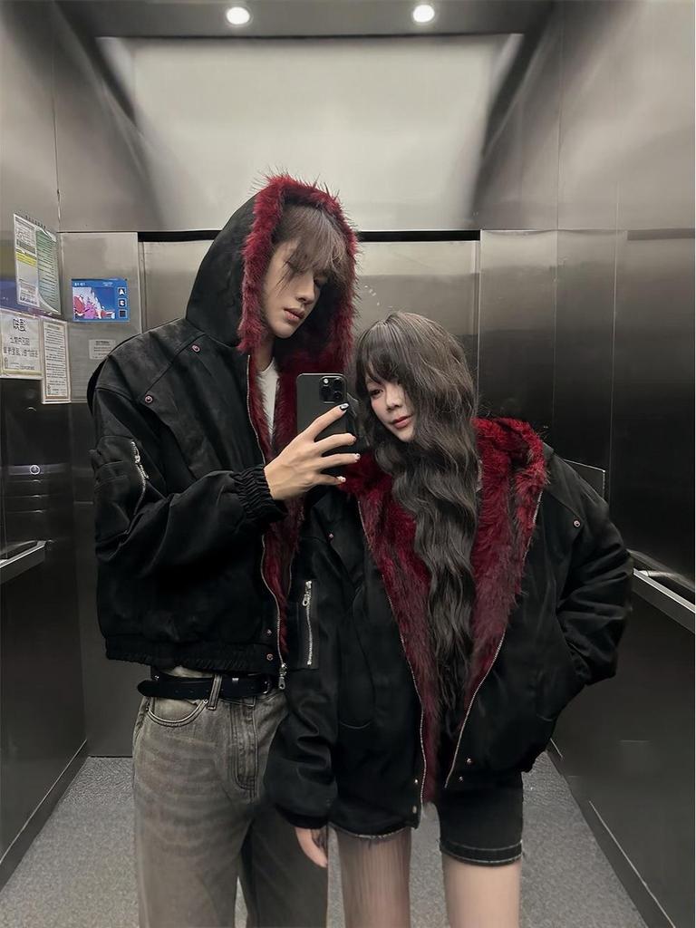 Men's Retro Red Fur Collar PU Leather Cotton Jacket - Heavyweight, Plus Velvet, Thickened, Warm
