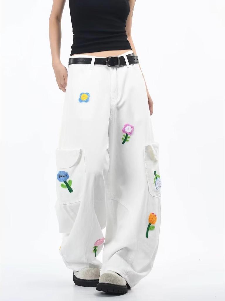 Burgundy Floral Embroidery Retro Cargo Pants - Unisex Loose Fit Denim with Wide Legs for Autumn