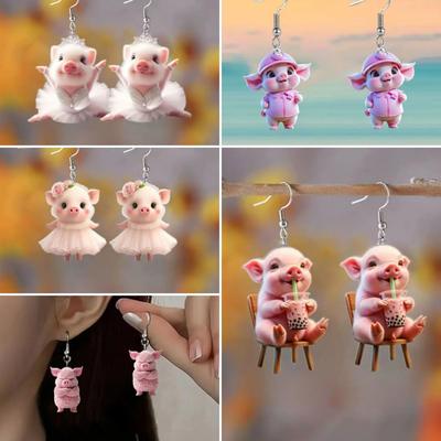 Cute Pig Earrings  Novel Acrylic Pig Statue Earrings  Animal Pendant Earrings  Women's Jewelry