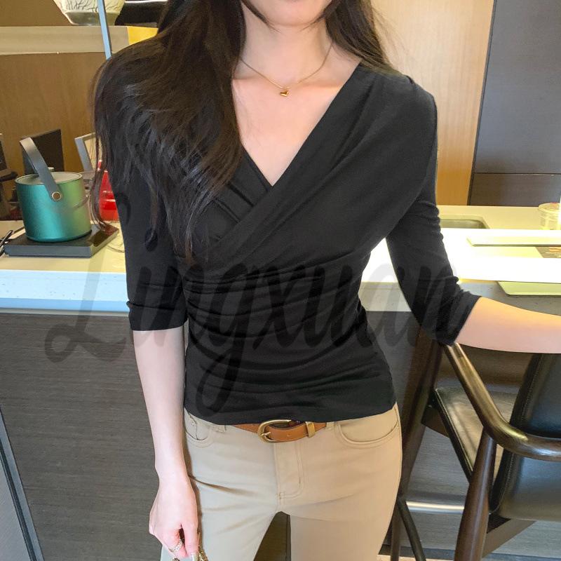 

Women s V-Neck Tencel Wool Lyocell Top - Spring/Summer 2026 Mid-Sleeve Design Extra Large