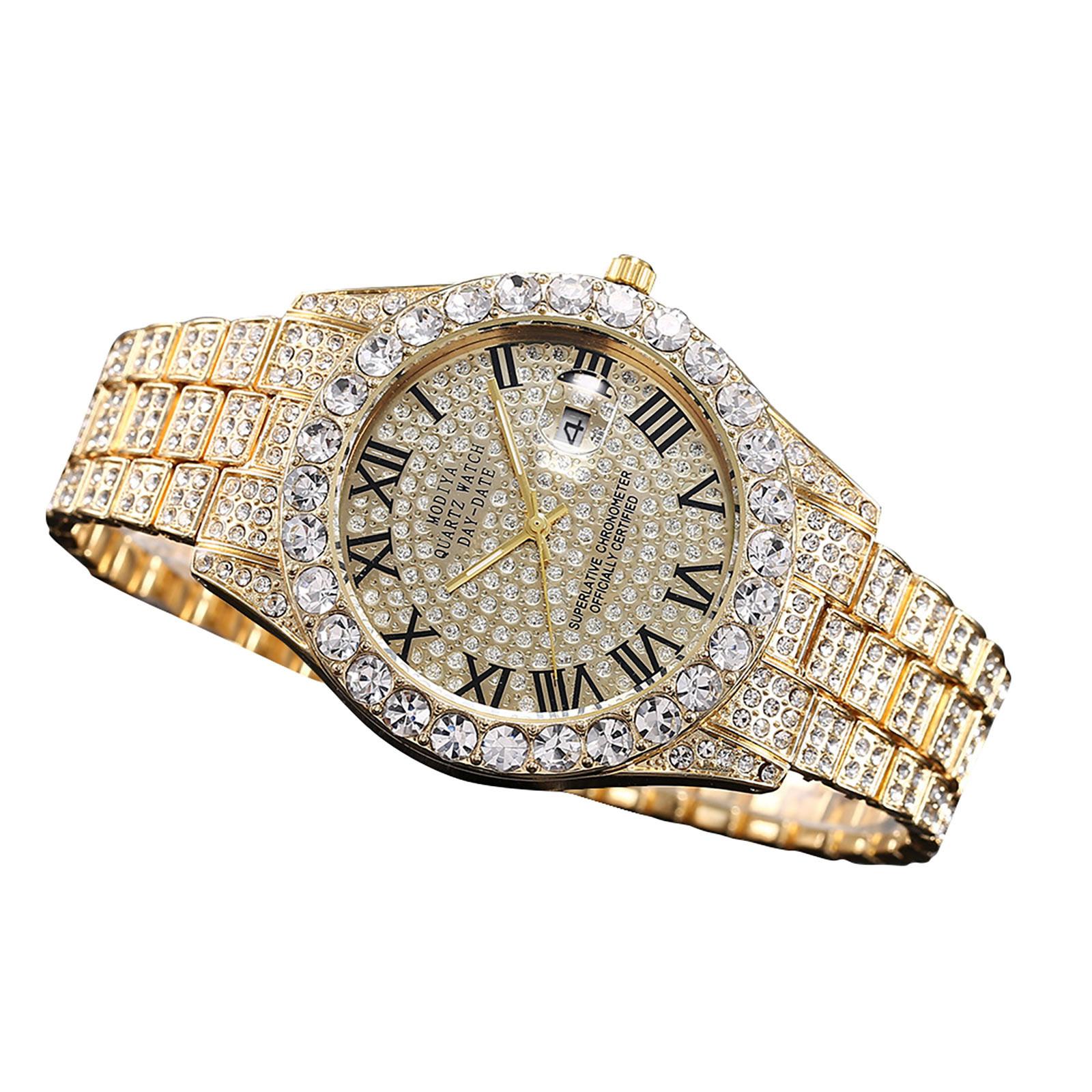 

Часы с календарем из водного бриллианта и бриллиантами, римская шкала, стальной ремешок из сплава, мужские часы One Size