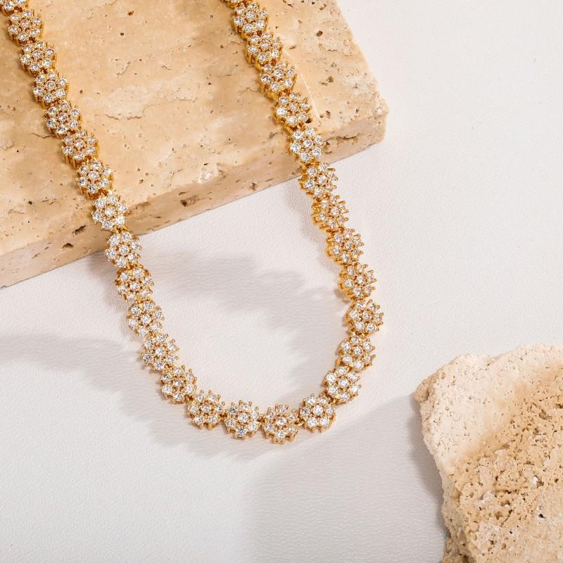 Gold Zircon Chain Necklace - Cool Tennis With Floral Design Hip Hop Style Men Women