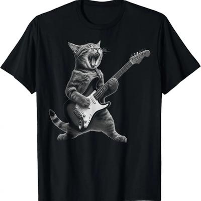 Cat Playing Guitar Rock Star Rock and Roll For Men Women Kid T-Shirt