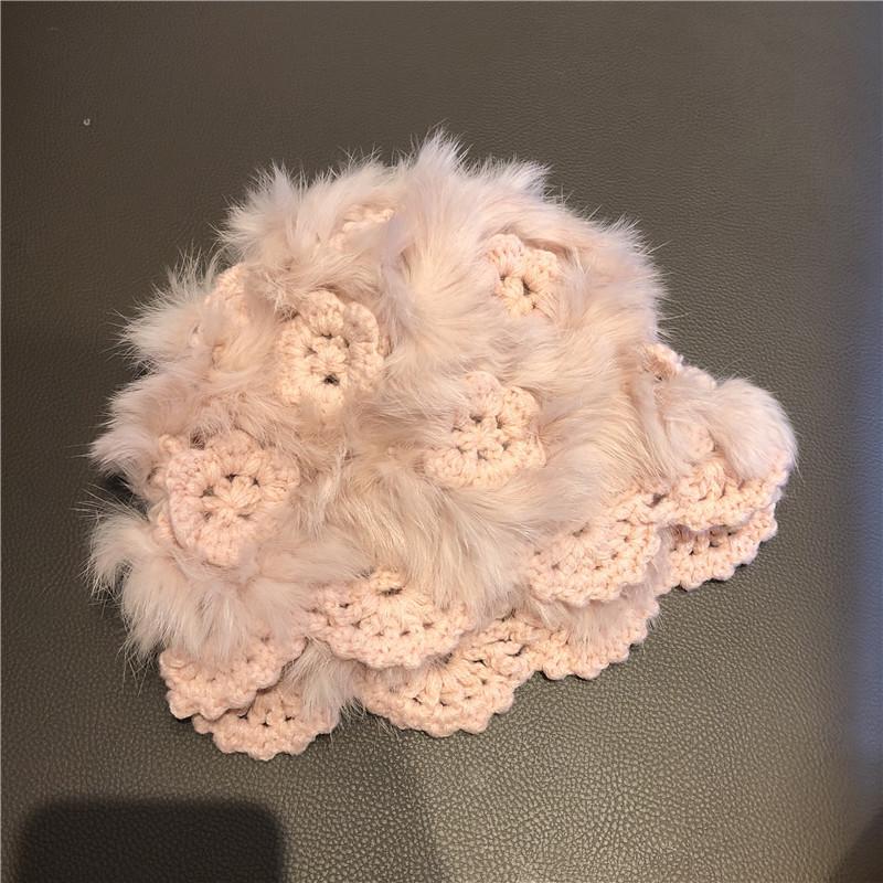New Winter Handmade Hooked Rabbit Hair Knit Hat for Women White Plush Korean Style Versatile Warm Outdoor Head Hat