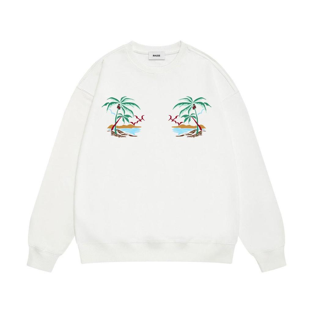 New Men's RHUDE Letter Print Loose Terry Round Neck Hoodie