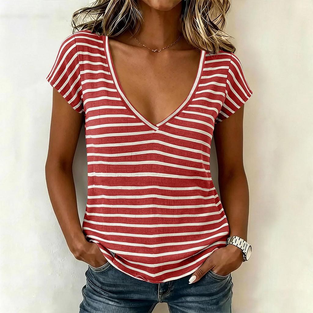 Women Casual V Neck Short Sleeve T Shirt Striped Pattern Lightweight Soft Fabric Summer Top