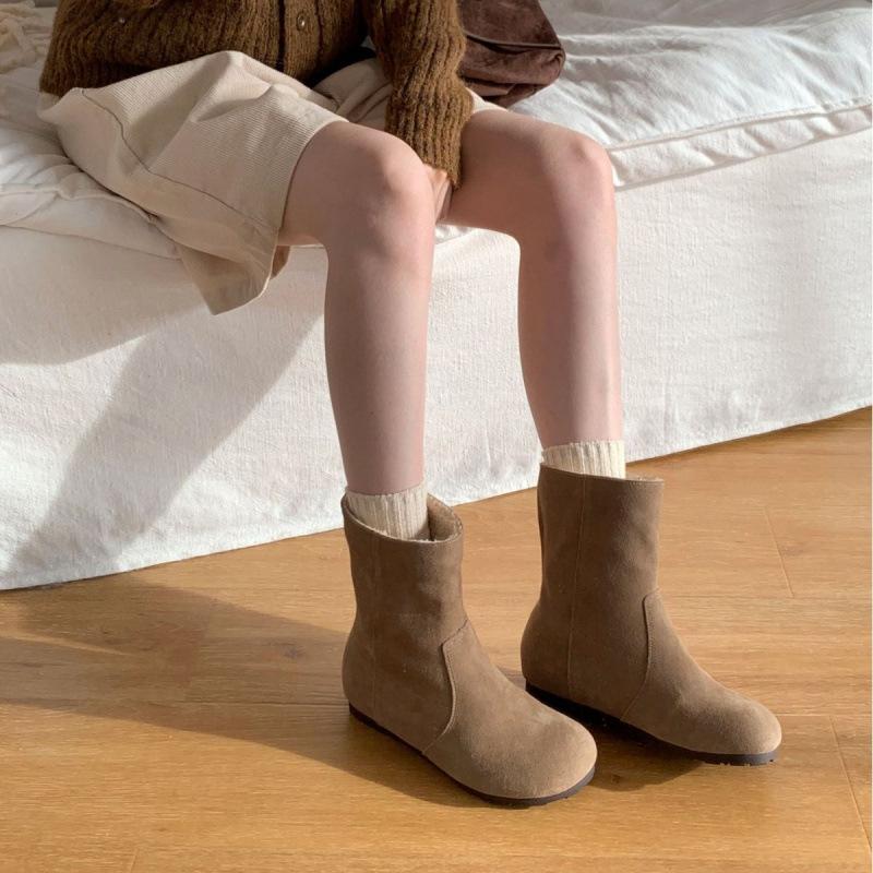First Layer Cowhide Snow Boots Women's Round Head Flat Bottom Cashmere Blended Medium Boots Retro Matte Leather Sleeve Cotton Shoes