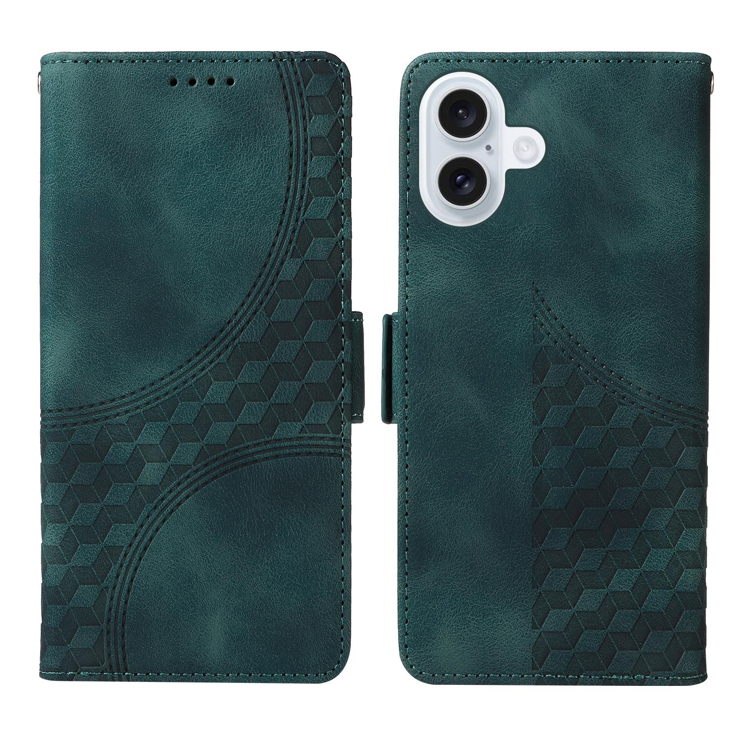 

For iPhone 17 Leather Cases Wallet Rhombus Imprinted Phone Cover Stand with Strap Green