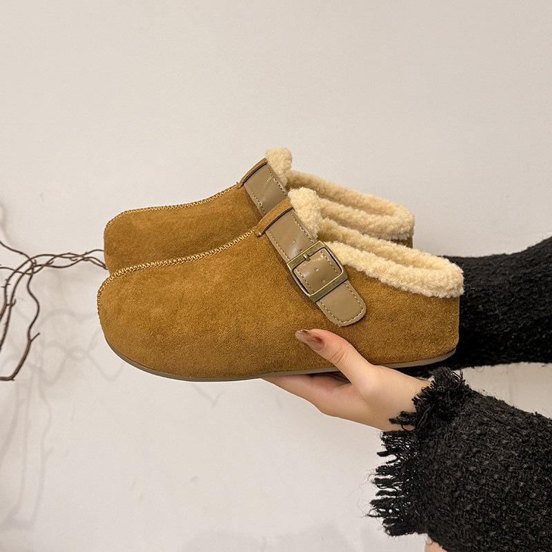 Thick-soled Bag Head Birkenstock Fluffy Slippers, Inner Height Increase, Velvet Warm Cotton Shoes, Winter Wear Half-towed Snow Boots