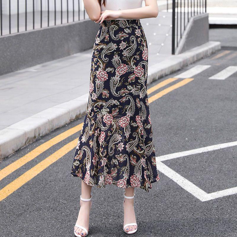 Sommarkjol med slits i chiffong, halvlång, liten blommig omlottkjol med hög midja, fiskstjärtskjol, lång kjol