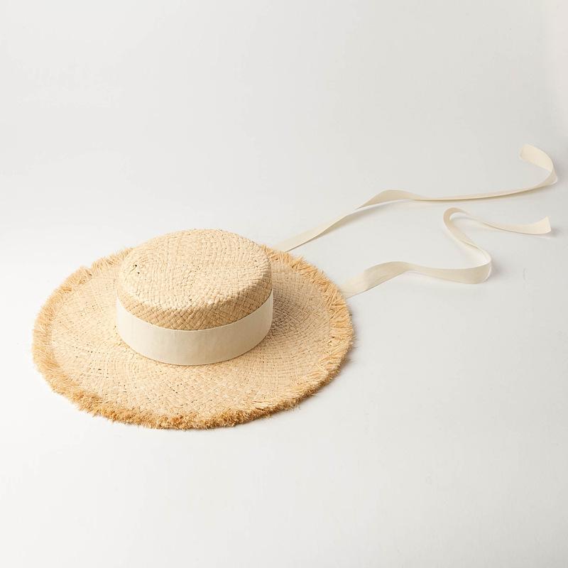 European and American spring and summer new models with straps, hand-woven thickened edged raffia flat top hat, sunshade beach raffia straw hat