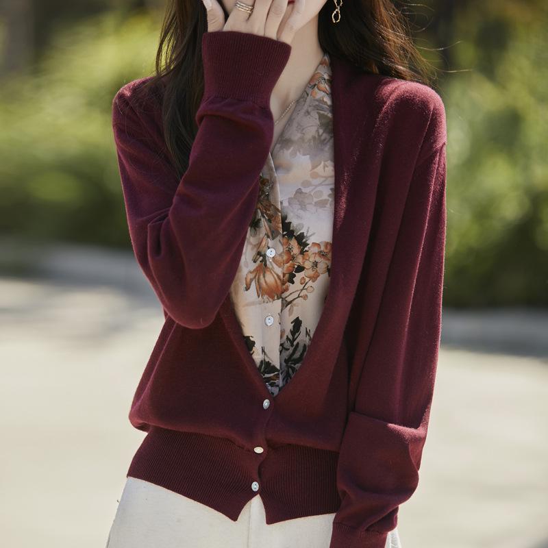 Women's Autumn Patchwork Knit Wool Cardigan - V-Neck Sweater Coat