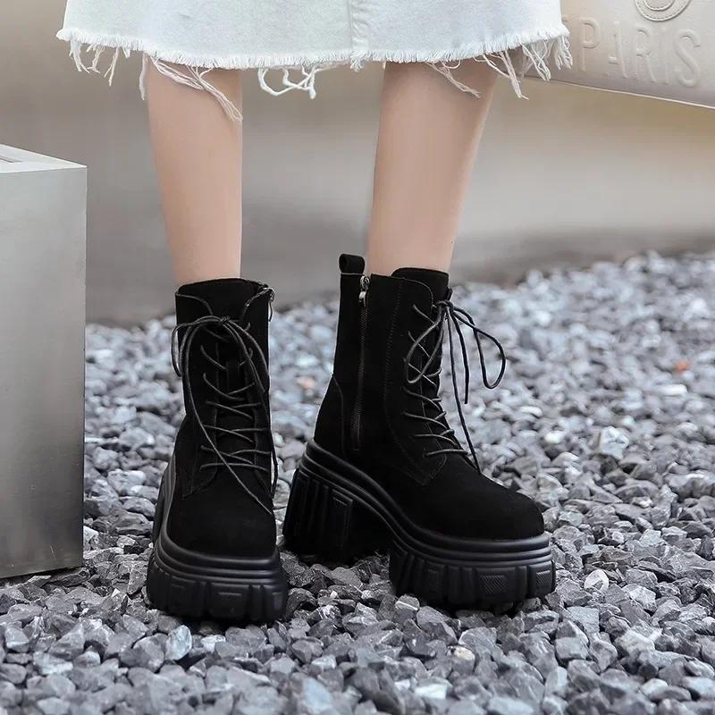 Móda 9CM Podzim Jaro Dámské Kožené Motorkářské Boty Nové Vysoká Platforma Masivní Kotníkové Boty Dámské Klínky Semišové Punk Boty Žena