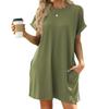 Spring Summer New Solid Color Crew Neck Pocket Loose Short Sleeve Dress for Women Casual Daily Wear