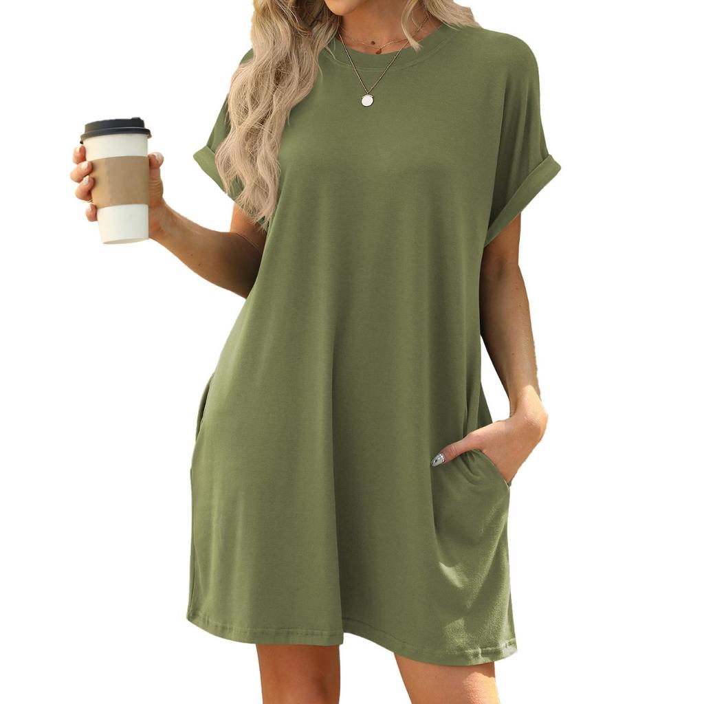 Spring Summer New Solid Color Crew Neck Pocket Loose Short Sleeve Dress for Women Casual Daily Wear