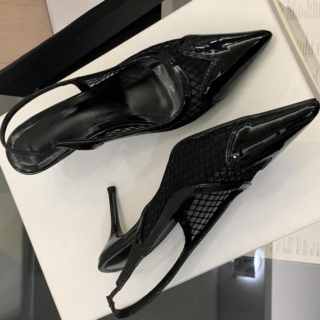 Recommended pointed mesh stitching patent leather high-heeled bag head sandals women's thin heel back strap shoes