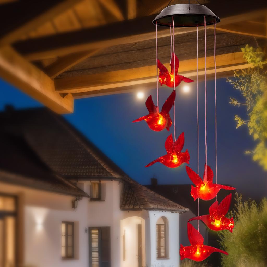 1 Pc Solar Outdoor Cardinals Wind Chimes Color Changing Light Waterproof Patio Decorative Light Holiday Party Atmosphere Light