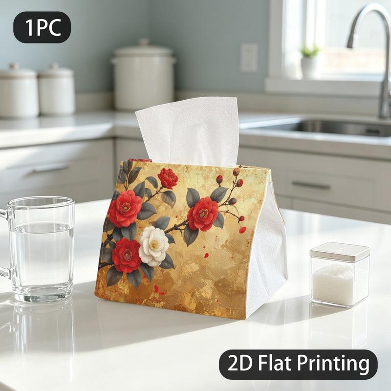 1pc Tissue Box, Ornamental East Asian Camellia Luxurious Elegant Pattern, 2D Flat Printing, Keeps Dust Out, Portable, Napkin Dispenser, for Automotive