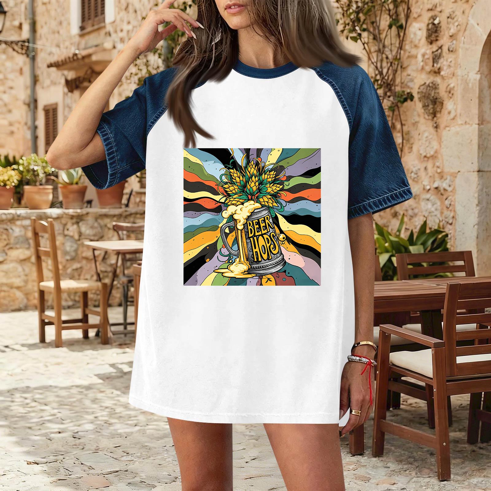 

Casual Women Denim Patchwork Short Sleeve T Shirt Oktoberfest Print Comfortable Loose Fit Top XXL белый