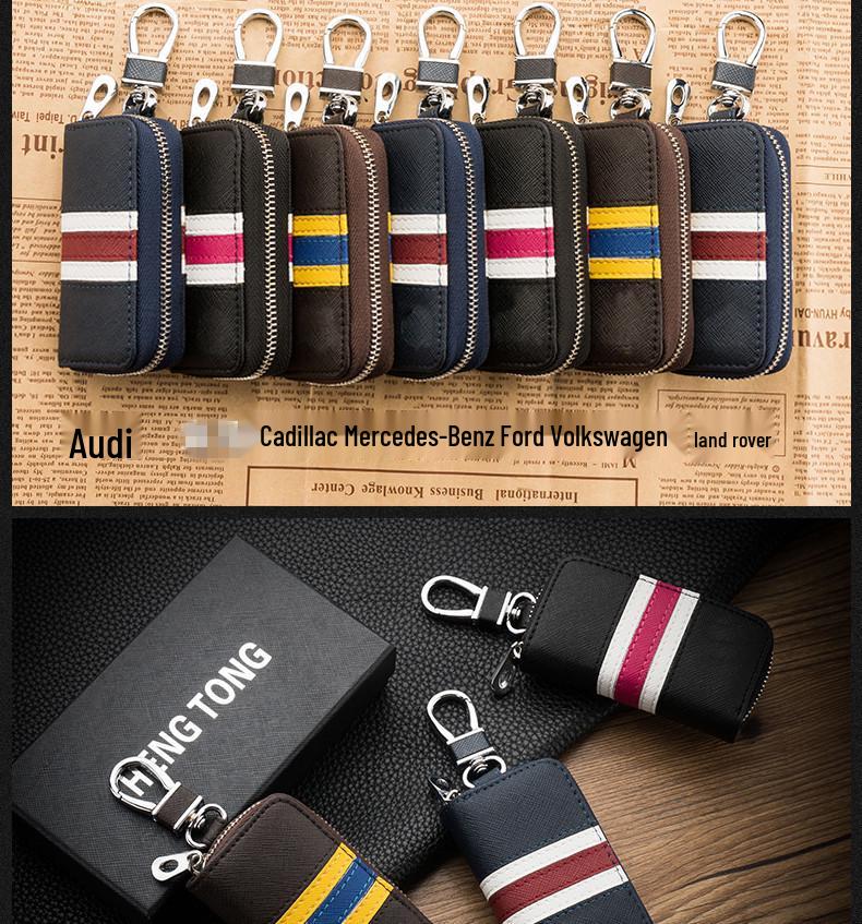 Men's Waist-Hanging Car Key Pouch with Stripe Zipper and Buckle