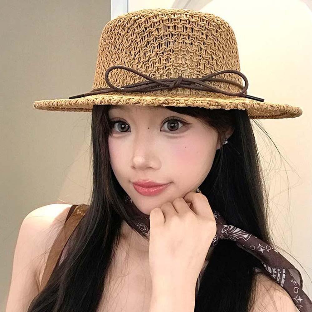 Sun Protection Straw Boater Hat Breathable Mesh Flat Top Beach Hat Handwoven Sun Cap Resort Wear