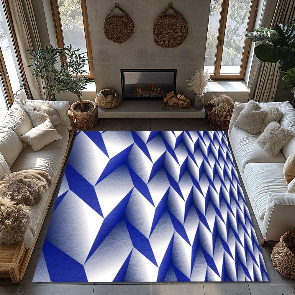 Tuniu Geometric Blue White Modern Rug Non-Slip Area Floor Mat for Living Room Bedroom