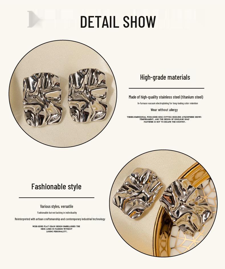 2023 New Trendy Temperament Niche Design Square Pleated Stainless Titanium Steel Earrings