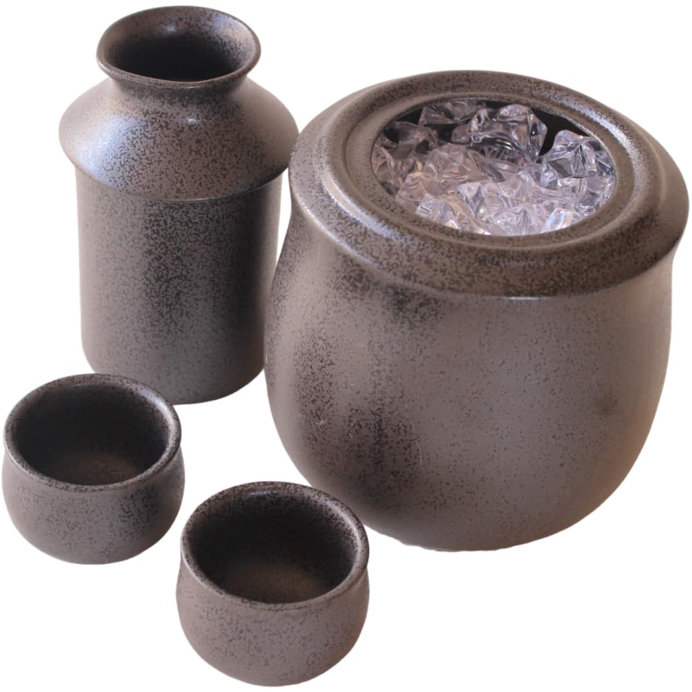 Ale-net Sake Warmer, Cold Sake Warmer, 300ml Tokkuri, Black Crystal Sake Warmer with Heater (Large), Includes 2 Sake Cups, Mino Ware Ceramic