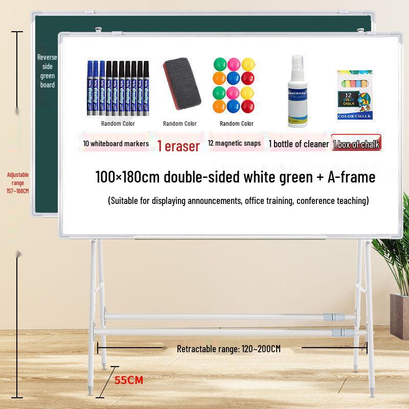 Dual-Sided Magnetic Whiteboard & Blackboard, Mobile Stand, Erasable, for Home, Office, or Classroom.