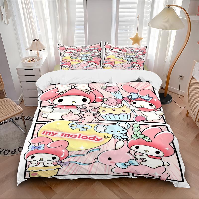 3pcs Pink My Melody Printed Quilt Set Soft and Comfortable Quilt Cover for Bedroom, Guest Room Bedding Set W073