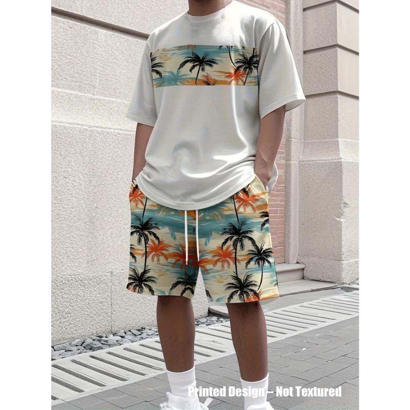 2pcs Set Summer Men s Coconut Tree Print Short Sleeve T-Shirt and Shorts Outfit S