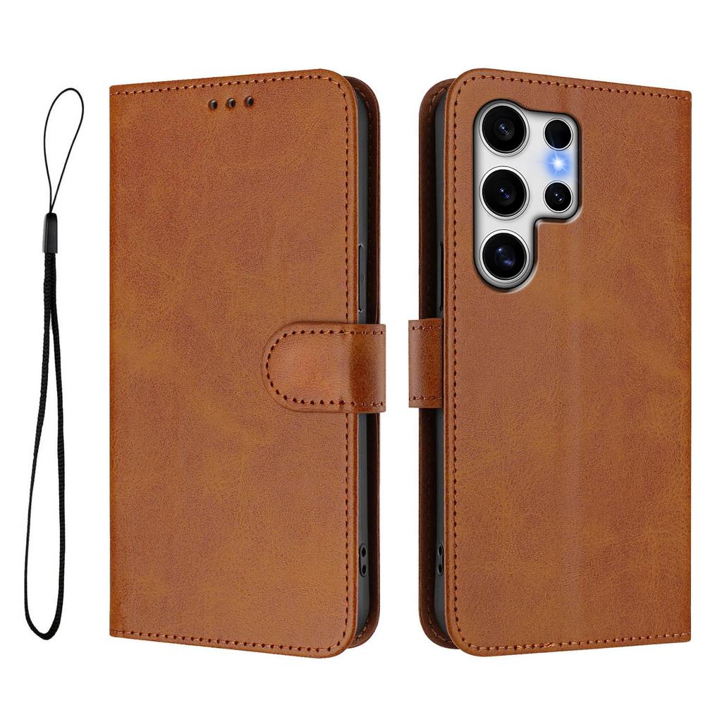 For Samsung Galaxy S25 Ultra Wallet Case RFID Blocking Calf Texture Leather Stand Phone Cover with Strap
