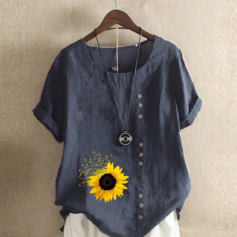Damenmode Sonnenblumen-Print Kurzarm-T-Shirt Locker Baumwollhemd Lässig Locker Sommerbluse Tops Übergröße