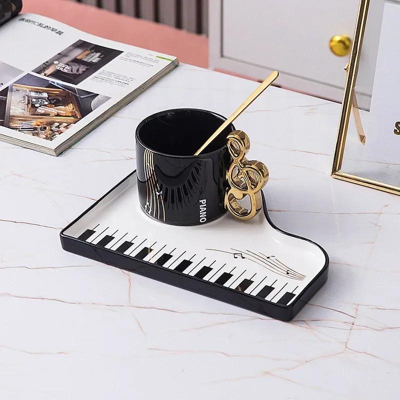 

200ml Creative Piano Coffee Mugs with Plate Set Ceramic Mug Music Handle with Spoon Afternoon Tea Tableware Breakfast Milk Cup 200ml чёрный