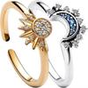 2pc/set Couple Ring Set Sky Blue Sparkling Moon and Sun Ring Fashion Women's Stackable Finger Set Engagement Jewelry