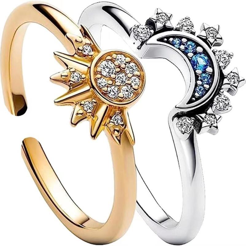 2pc/set Couple Ring Set Sky Blue Sparkling Moon and Sun Ring  Women's Stackable Finger Set Engagement Jewelry