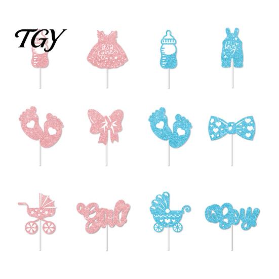 Gender Reveal Cupcake Toppers 12Pcs Boy Girl Birthday Cake Toppers, Baby Themed Picks with Small Dessert Table Accents Bottle, Stroller, Bow,