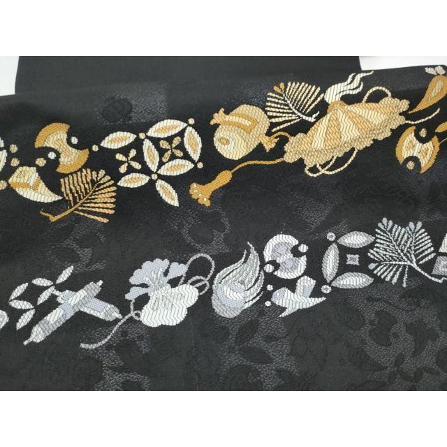 Used Heiwaya Kimono - 9-inch Nagoya Obi, Treasure-filled Pattern, Black, Pure Silk, Masterpiece CABI0257hy