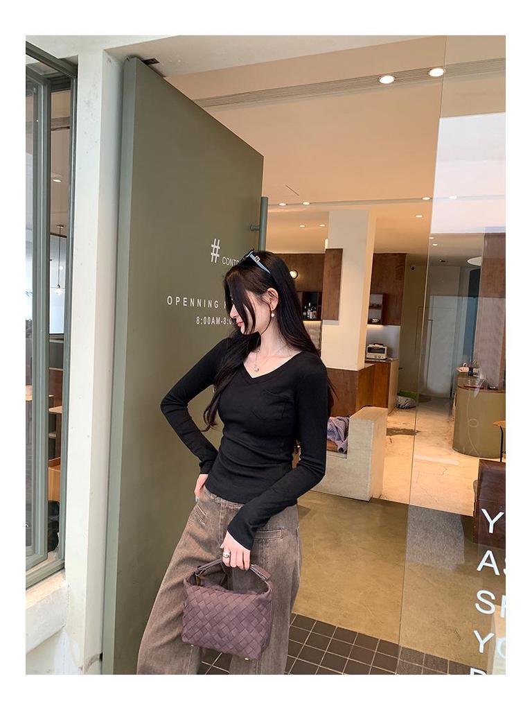 Korean Style Pink V-Neck Slimming Cropped Long Sleeve Women's Top - Autumn/Winter Collection