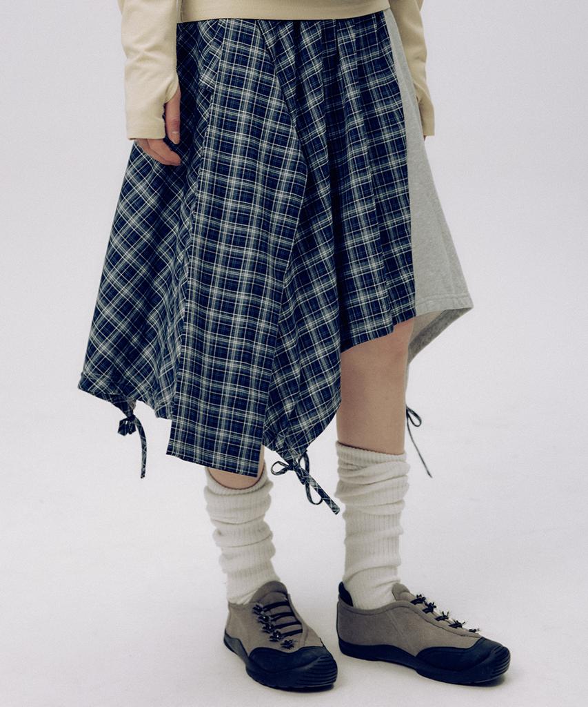 Some Place Check Asymmetrical Tie-Up Strap Flare Layered Midi Wrap Skirt _ 2 Colors