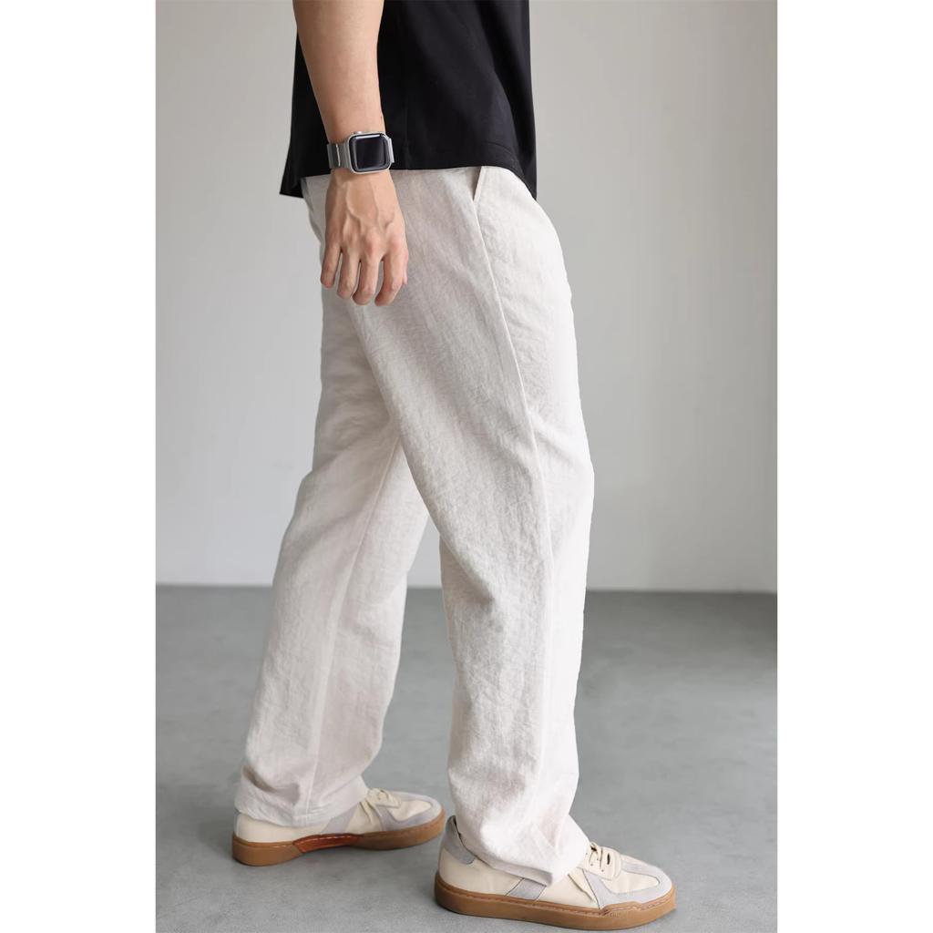 Ice silk linen trousers non-wrinkled elastic waist mopping wide-leg trousers men's polyester imitation linen process