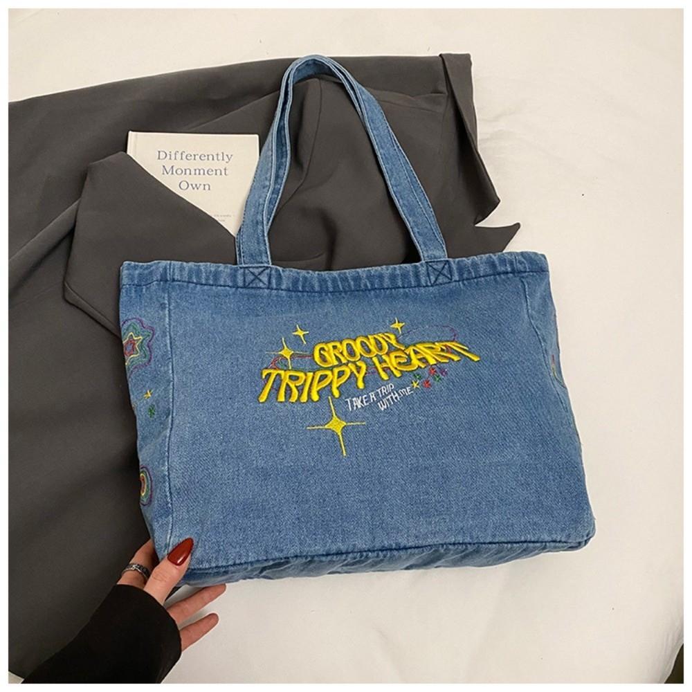 

Large Capacity American Vintage Handbag Tote Bag Letter Embroidery Shoulder Bag Students синий